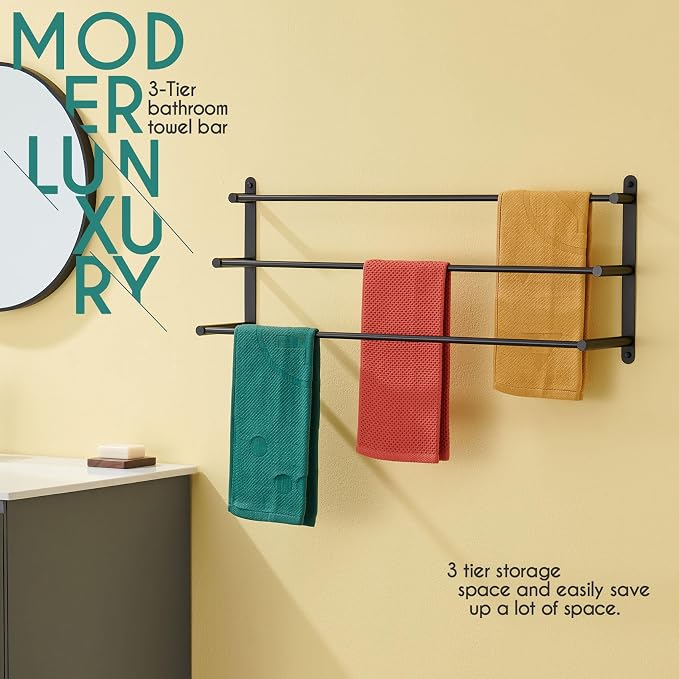 KOKOSIRI Bath Towel Bars Matte Black Bathroom 3-Tiers Ladder 32'' Towel Rails - Image 3
