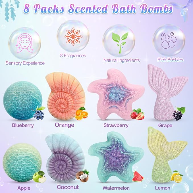 8 Packs Bath Bombs for Kids Girls, Mermaid Bath Bomb - Image 2