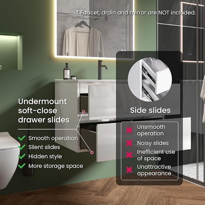 30" Bathroom Vanity with Sink, Modern Floating Vanity with Double Soft Closing - Image 7
