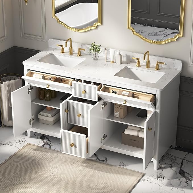 60 Inch Bathroom Vanity with Double Sink, Solid Wood Frame Bathroom Sink - Image 7