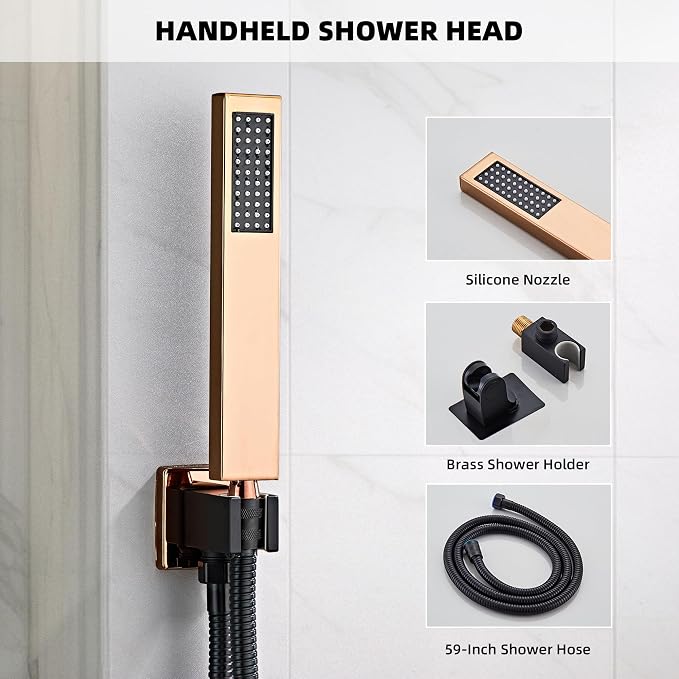 Shower Faucet Set, Matte Black and Rose Gold Rainfall Shower System Complete - Image 4