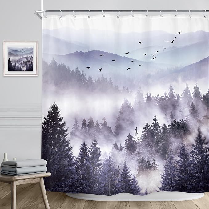 Riyidecor Purple Mountain Shower Curtain 72Wx72H Inch Nature Scenery Landscape - Image 3
