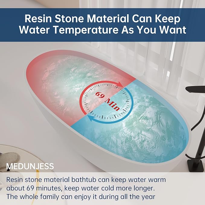 61'' Resin Stone Soaking Bathtub Oval Solid Surface Freestanding Soaking - Image 7