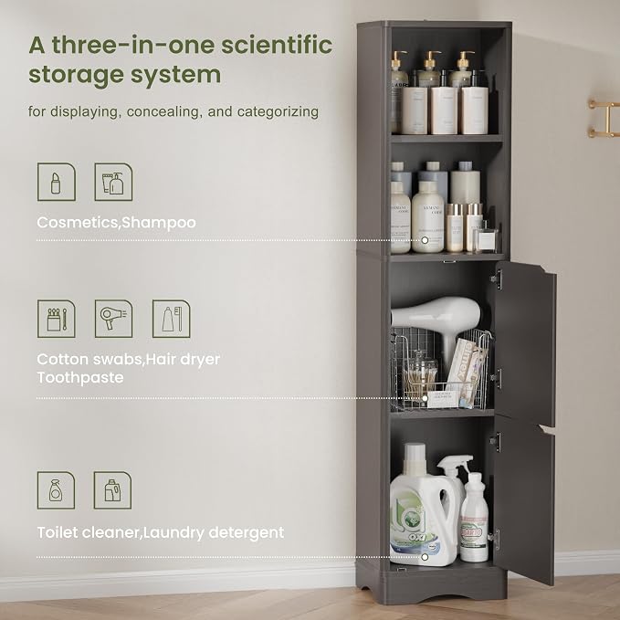 67" Tall Bathroom Organizer and Storage, Narrow Storage Cabinet - Image 5
