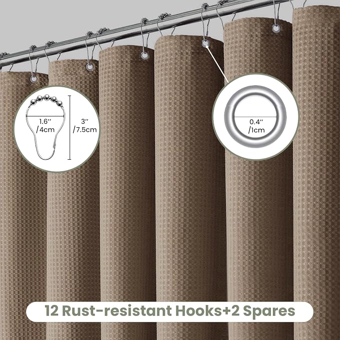 Inhousolu Fabric Shower Curtain Waffle Weave, 230 GSM Heavy Duty, Weighted Hem - Image 2