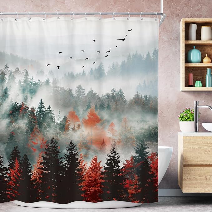 Riyidecor Red Green Mountain Shower Curtain 60Wx72H Inch Black Nature Woodland by Riyidecor