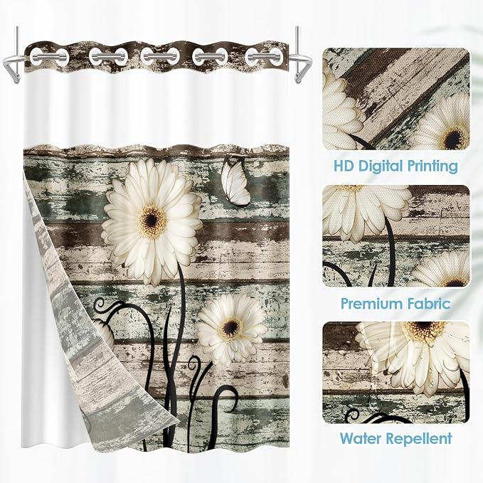 No Hook Vintage Flower Shower Curtain - Image 2