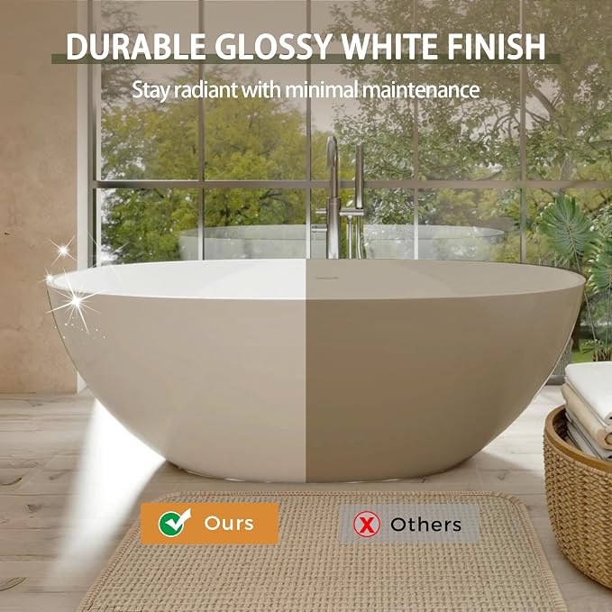 Abruzzo 65" Glossy White Freestanding Solid Surface Bathtub, Luxury Handcrafted - Image 7