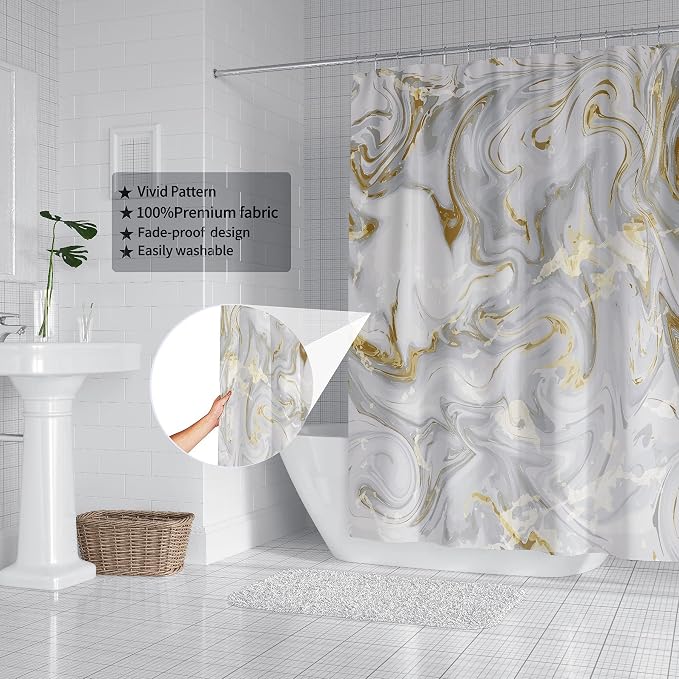 Domoku Grey Gold Marble Shower Curtain, Waterproof Texture Washable Fabric - Image 3