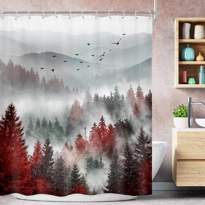 Riyidecor Red Black Mountain Shower Curtain 60Wx72H Inch Nature Woods Scenery by Riyidecor
