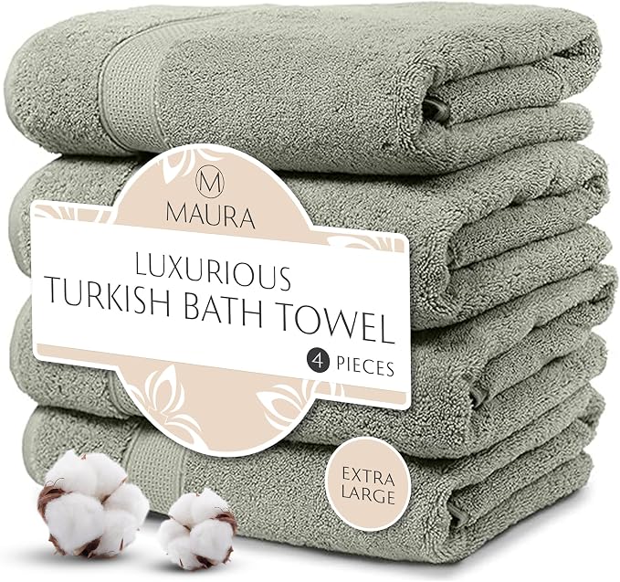 MAURA Sage Extra Large Turkish Cotton Luxury Bath Towels Set of 4. Ultra-Soft by MAURA