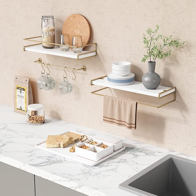 Forbena Floating Bathroom Shelves Wall Mounted, Aesthetic White and Gold Shelves - Image 2