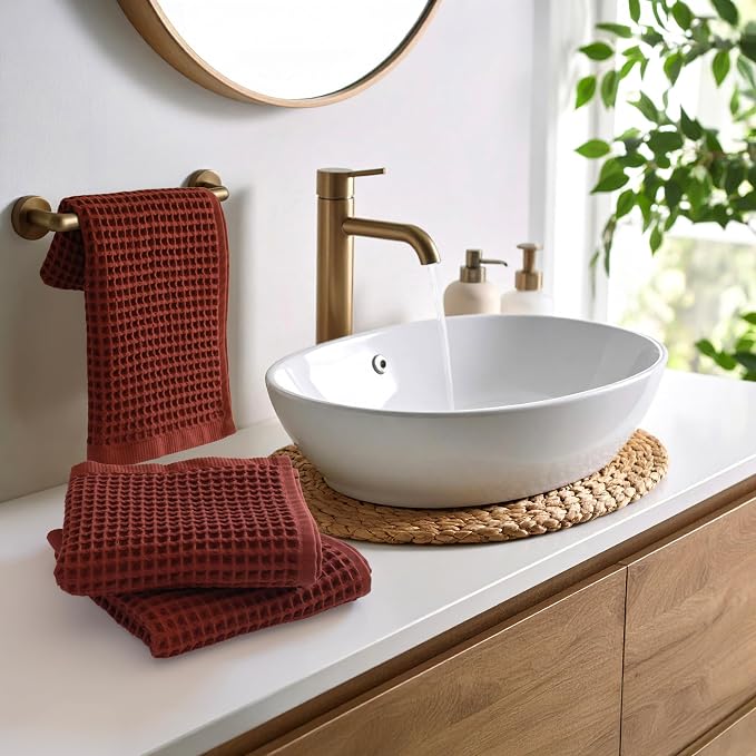 PÜSKÜL Organic Waffle Kitchen Towel 100% Turkish Cotton Set of 3 Red Brick - Image 5