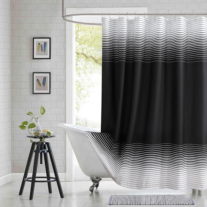 Black Shower Curtain, Modern Black and White Gradient Horizontal Stripe by BESTRIPES