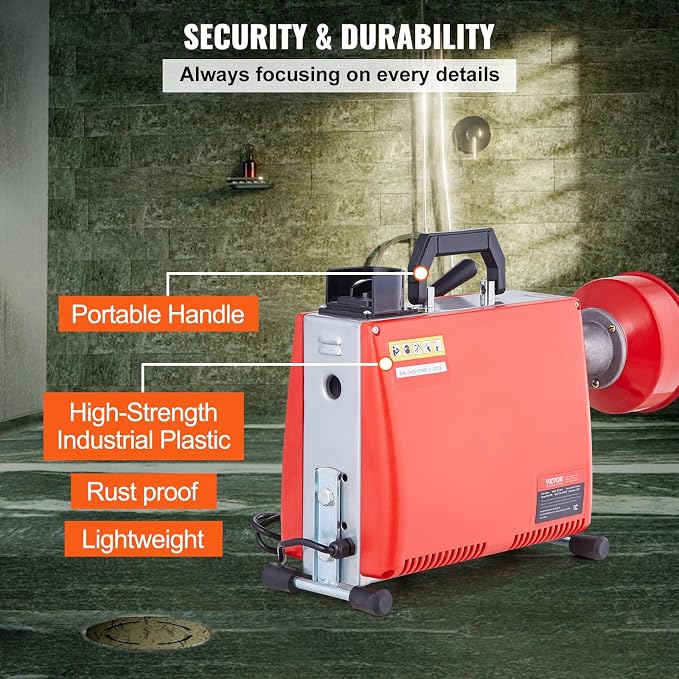 VEVOR 66FT x 5/8 Inch Drain Cleaner Machine, 250W Electric Sewer Snake Auger - Image 6