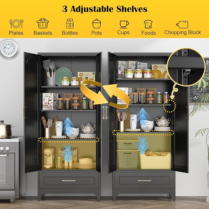 Metal Storage Cabinet with Drawers, 75Inch Black Pantry Cabinets - Image 6