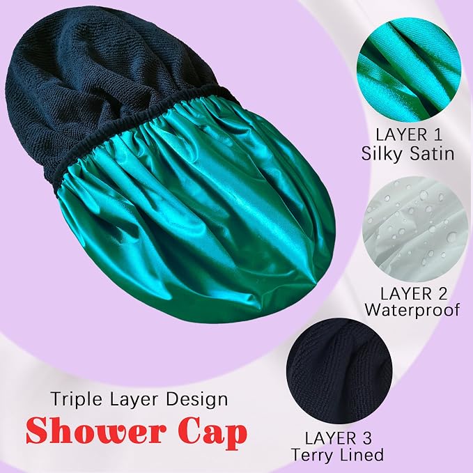 Shower Cap Reusable Waterproof, Terry Lined Shower Caps - Image 2