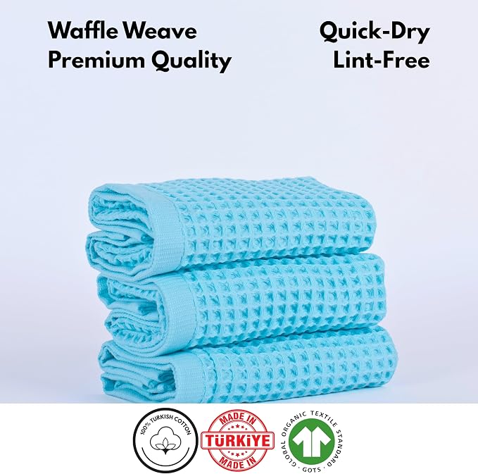 PÜSKÜL Organic Waffle Kitchen Towel 100% Turkish Cotton Set of 3 Turquoise - Image 4