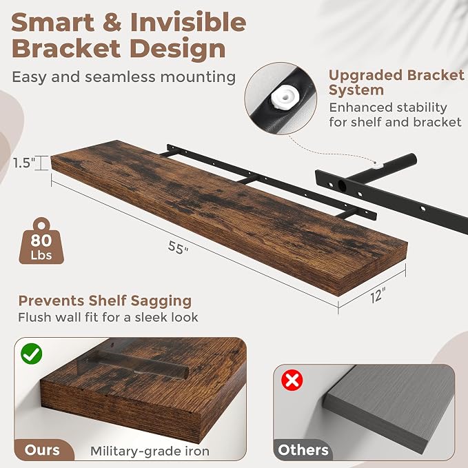 55 Inch Long Floating Shelves for Wall 2 Pack, Easy Install Engineered Wood - Image 3