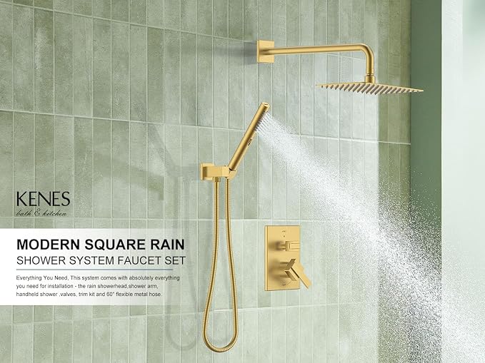 KENES Brushed Gold Rainfall Bathroom Shower System Rain Shower Head and Handle - Image 2