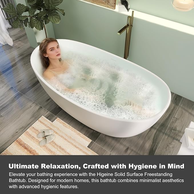 73" Premium Solid Surface Freestanding Bathtub, Contemporary Design Stand Alone - Image 3