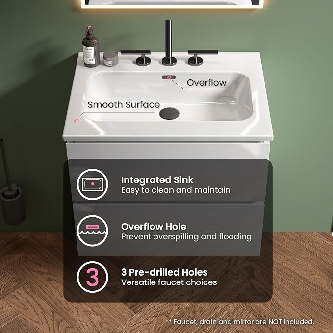 24" Bathroom Vanity with Sink, Modern Floating Vanity with Double Soft Closing - Image 5