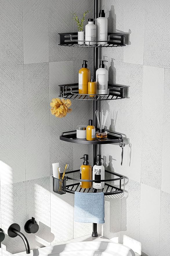 HAMITOR Corner Shower Caddy Tension Pole: Quick Installation 4-Tier Rustproof by HAMITOR