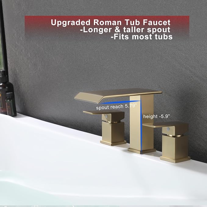 Roman Tub Faucet Two Handle Waterfall Spout Brushed Gold 3 Hole Bathtub Faucet - Image 2