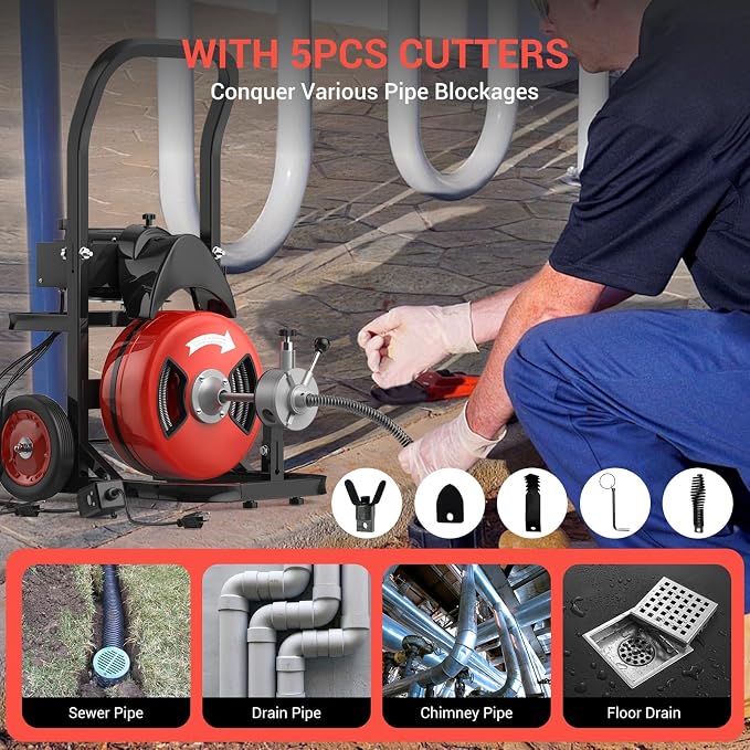 100Ft 1/2 Inch Cable Drain Cleaning Machine, 450W Auto Feed Portable Electric - Image 6