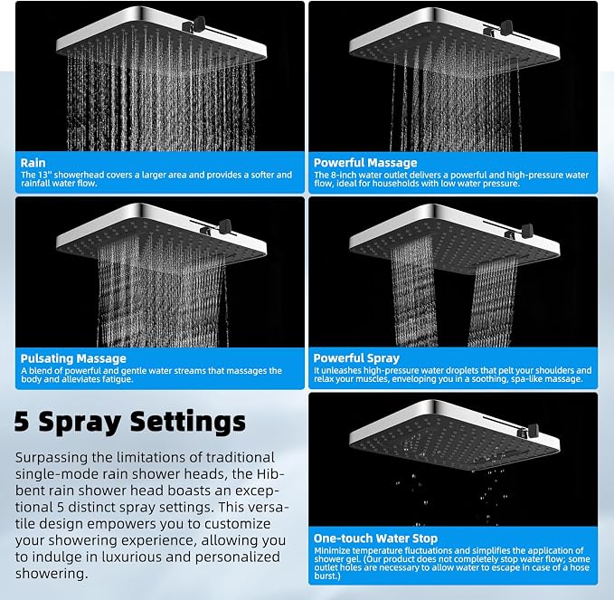 Hibbent Upgraded 5-spray 13'' Dual Filtered Rainfall Shower Head Combo - Image 2