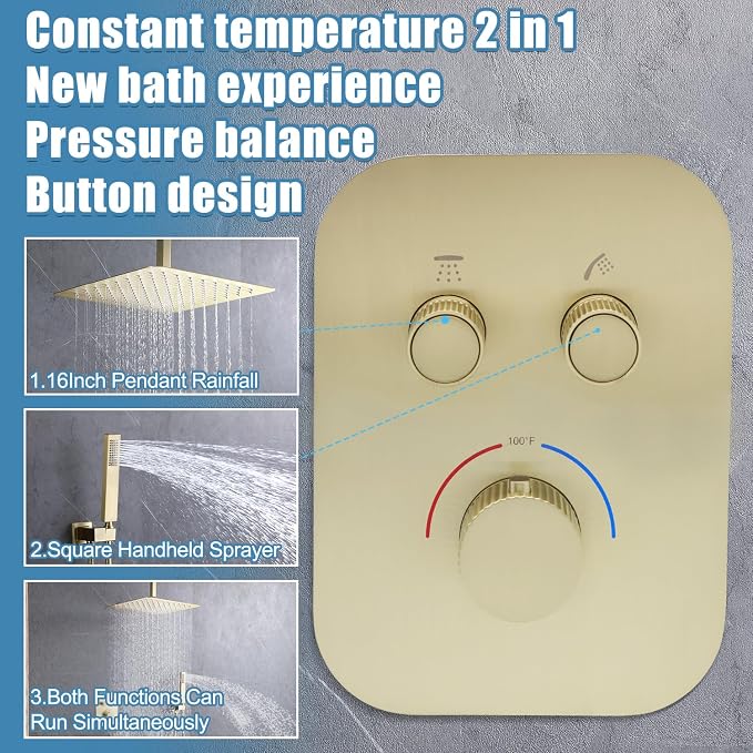 Thermostatic Shower System 16 Inch Ceiling Mount Brushed Gold Shower System - Image 2