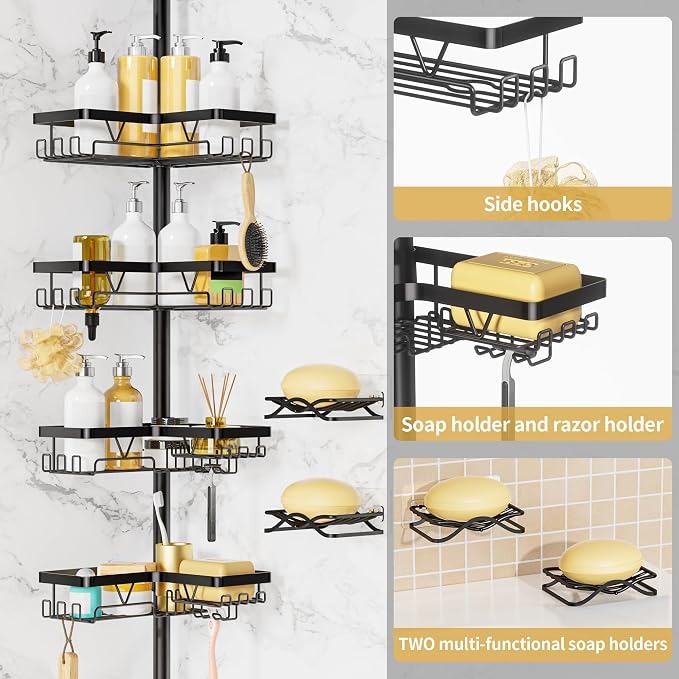 Corner Shower Caddy + 2 Soap Holders, 4 Tier Shower Caddy Tension Pole - Image 4
