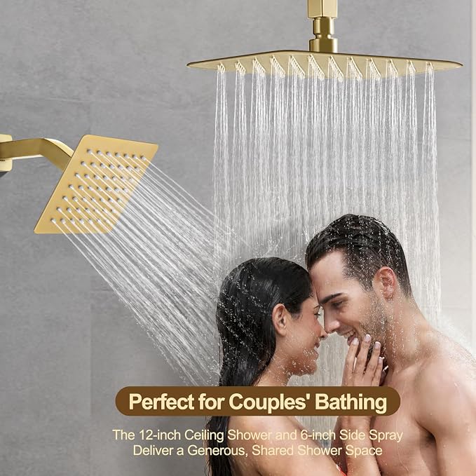 12 Inch Rain Shower System, Brushed Gold Shower Faucet Set - Image 4
