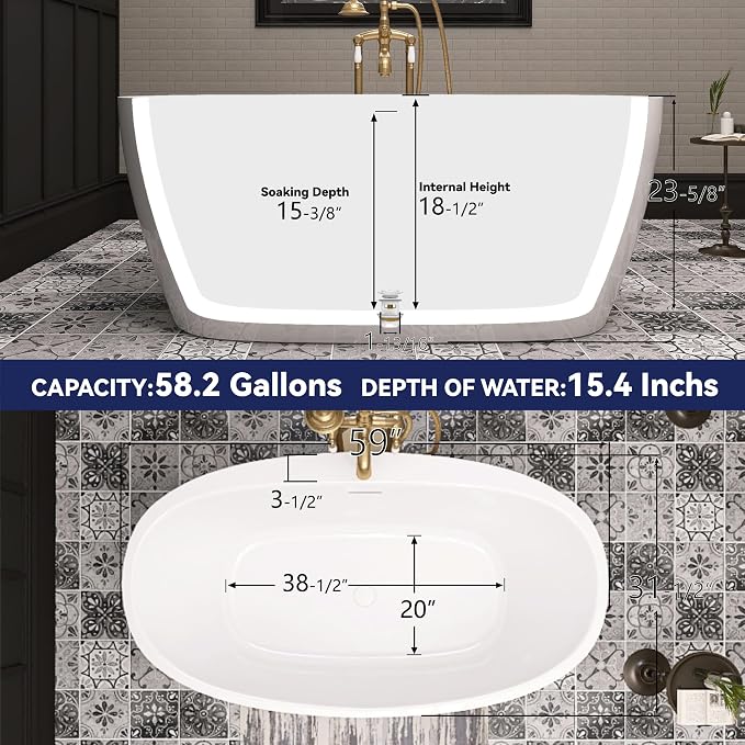 59" Acrylic Free Standing Tub, Stand Alone Tub, Freestanding Bathtub, Soaking - Image 4