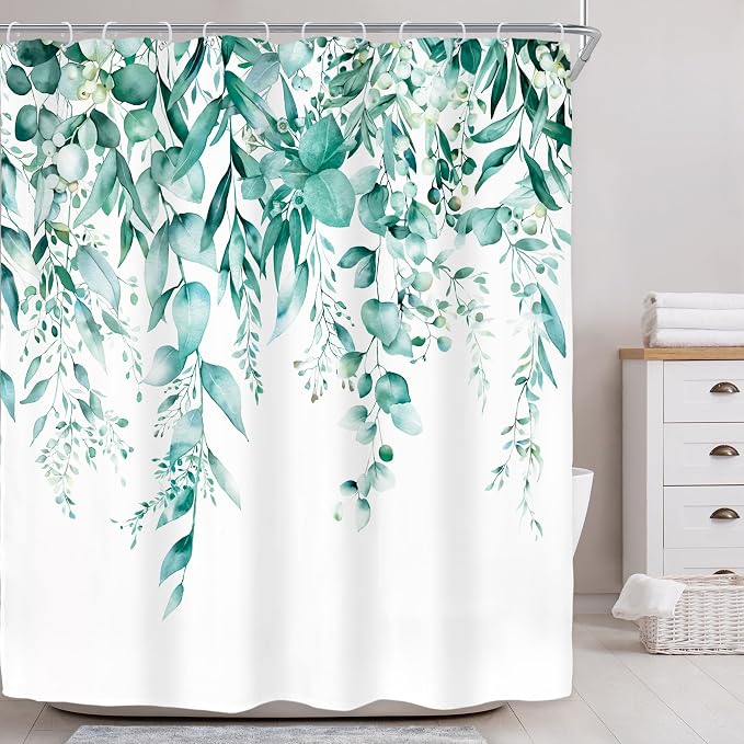 Riyidecor Teal Eucalyptus Leaves Shower Curtain by Riyidecor
