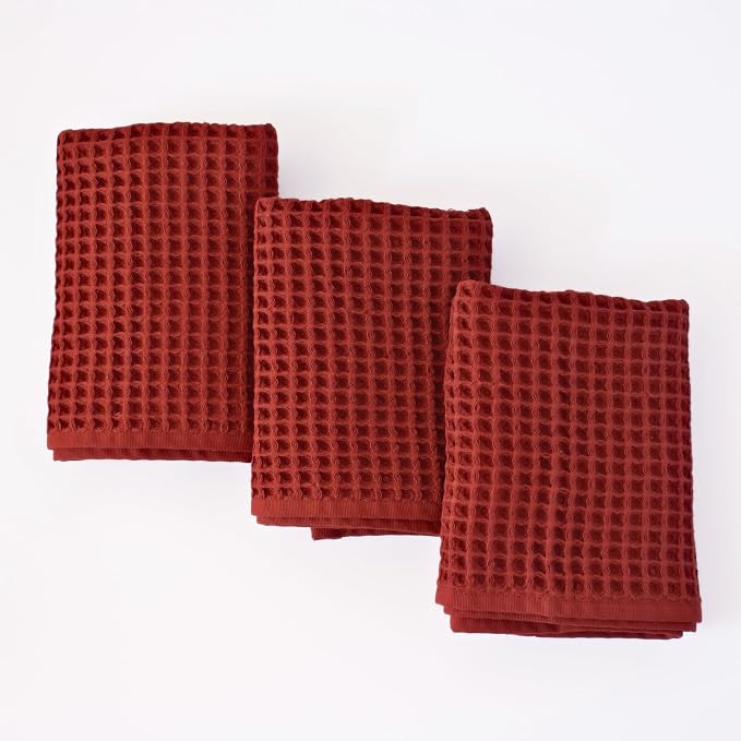 PÜSKÜL Organic Waffle Kitchen Towel 100% Turkish Cotton Set of 3 Red Brick by P%C3%BCsk%C3%BClTextile