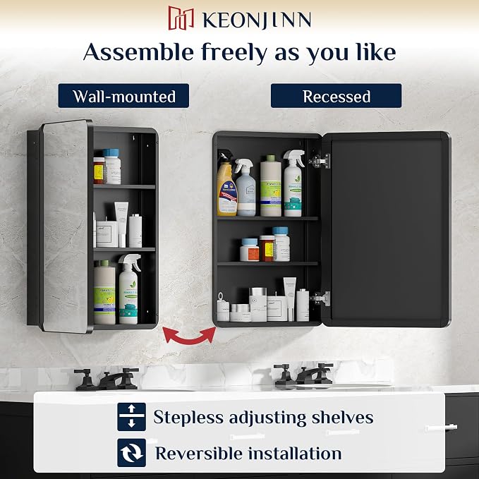 Keonjinn 20 x 32 Inch Black Mirrored Medicine Cabinet, Recessed Medicine - Image 6