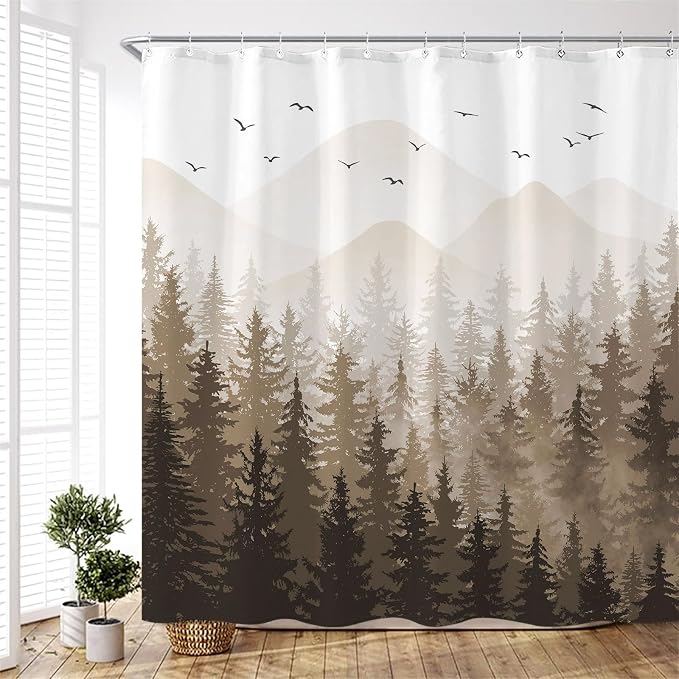 Aipon Brown Misty Forest Shower Curtain Ombre Nature Tree Plants Shower - Image 4