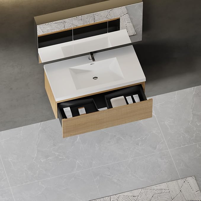Modern 42'' Floating Bathroom Vanity Sink Combo, Wall-Mounted Striped Cabinet - Image 8