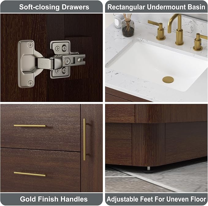36 Inch Bathroom Vanity with Sink, Solid Wood Frame with Engineered Marble - Image 4