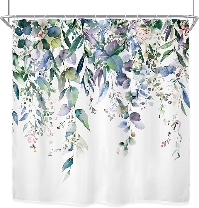 Riyidecor Teal Shower Curtain for Bathroom Decor 72Wx72H Eucalyptus Leaves - Image 8