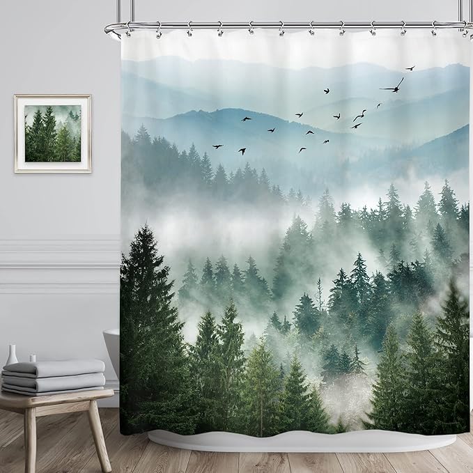Riyidecor Rustic Green Mountain Shower Curtain - Image 2