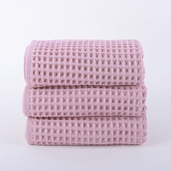 PÜSKÜL Organic Waffle Kitchen Towel 100% Turkish Cotton Set of 3 Pink - Image 9