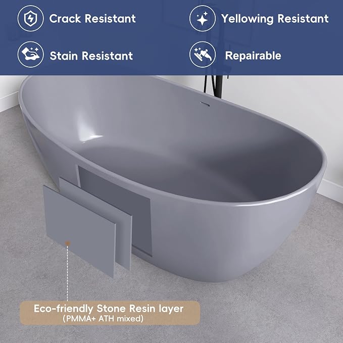 SJ STAR&JANE 65" Solid Surface Freestanding Bathtub Stone Resin Soaking Tub - Image 9