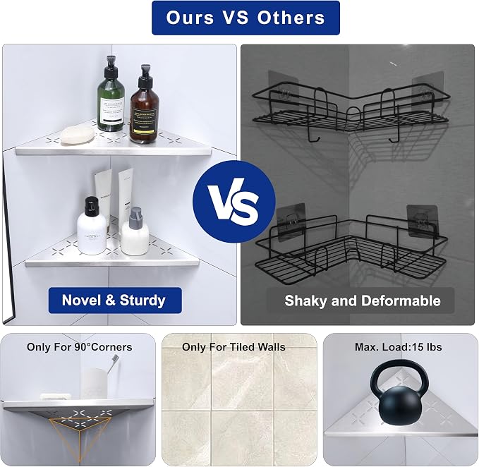 12" Corner Shower Shelf, Recessed Corner Shelf Organizer Rack, Large Size - Image 6