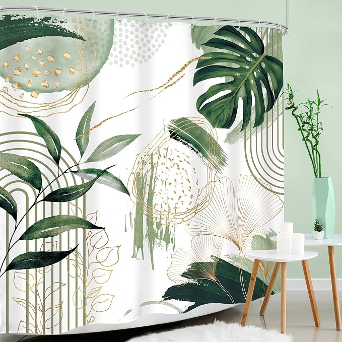Sage Green Boho Shower Curtain Mid Century Modern Abstract Tropical Palm Leaves - Image 3