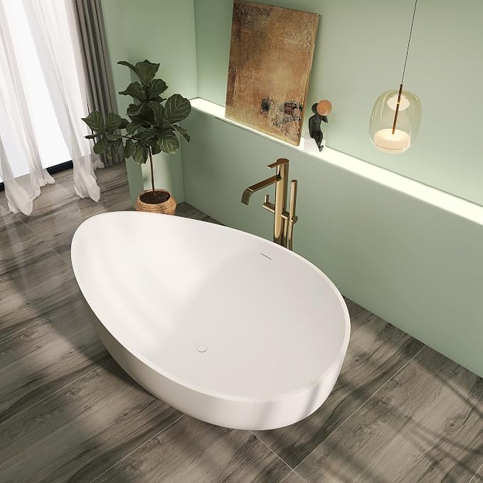 71" Premium Solid Surface Freestanding Bathtub, Unique Oval Stone Resin Tub - Image 3