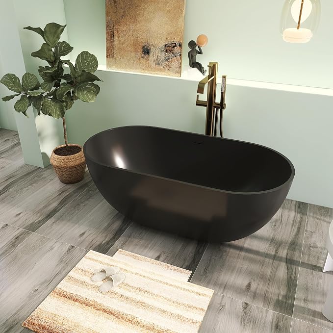 59" Premium Matte Black Solid Surface Freestanding Bathtub, Modern Design Stone - Image 2