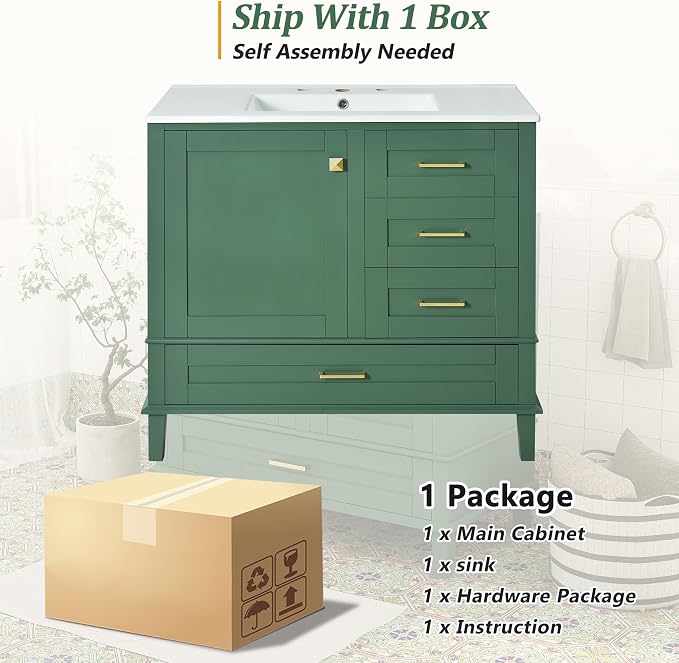 36" Bathroom Vanity with Solid Pine Frame, 1 Soft Close Door and 3 Drawers - Image 7