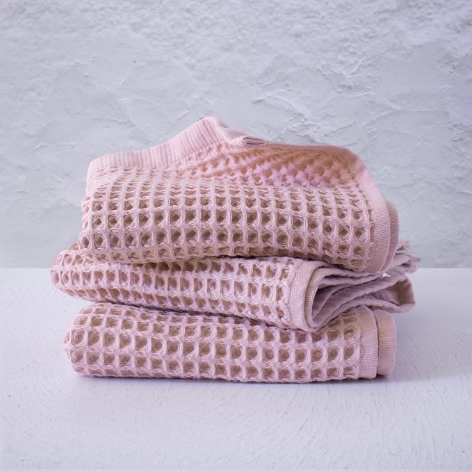 PÜSKÜL Organic Waffle Kitchen Towel 100% Turkish Cotton Set of 3 Pink by P%C3%BCsk%C3%BClTextile
